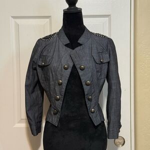 Chic Y2K Charcoal Denim Blazer With Embellished Shoulders and Gold Buttons